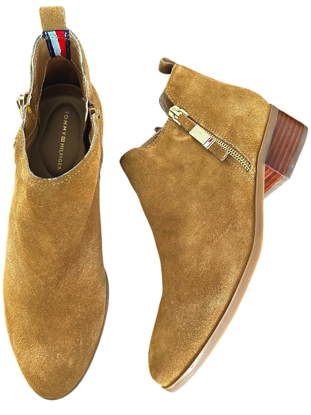 Tommy Hilfiger Tan Suede Leather Ankle Booties with Side Zip Women’s Size 8.5